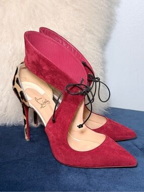 Christian Louboutin red Suede Pointed Lace-Up Pumps with Leopard Heel